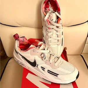 Nike White Sneakers with Black Swoosh & Pink Floral Lining